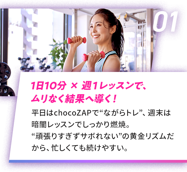 01 1日10分 × 週１レッスンで、 ムリなく結果へ導く！|平日はchocoZAPで“ながらトレ”、週末は暗闇レッスンでしっかり燃焼。“頑張りすぎずサボれない”の黄金リズムだから、忙しくても続けやすい。