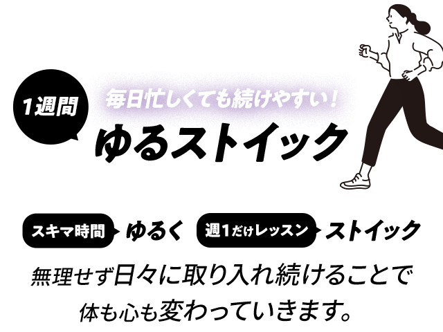 毎日忙しくても続けやすい！ １週間 ゆるストイック|スキマ時間ゆるく 週１だけレッスン ストイック|無理せず日々に取り入れ続けることで 体も心も変わっていきます。