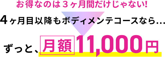 お得なのは初月だけじゃない！2ヶ月目以降もボディメンテコースなら...ずっと、月額11,000円