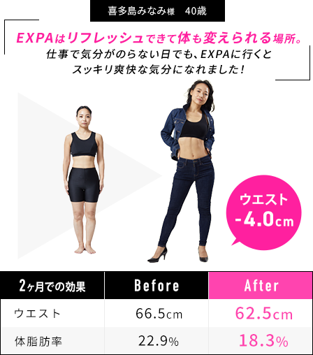 喜多島みなみ様40歳/EXPAはリフレッシュできて体も変えられる場所。仕事で気分がのらない日でも、EXPAに行くとスッキリ爽快な気分になれました！